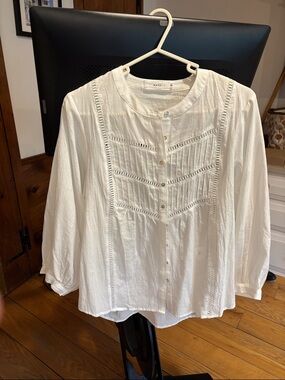 White Cotton Pintuck & Ladder Lace Button-Front Blouse